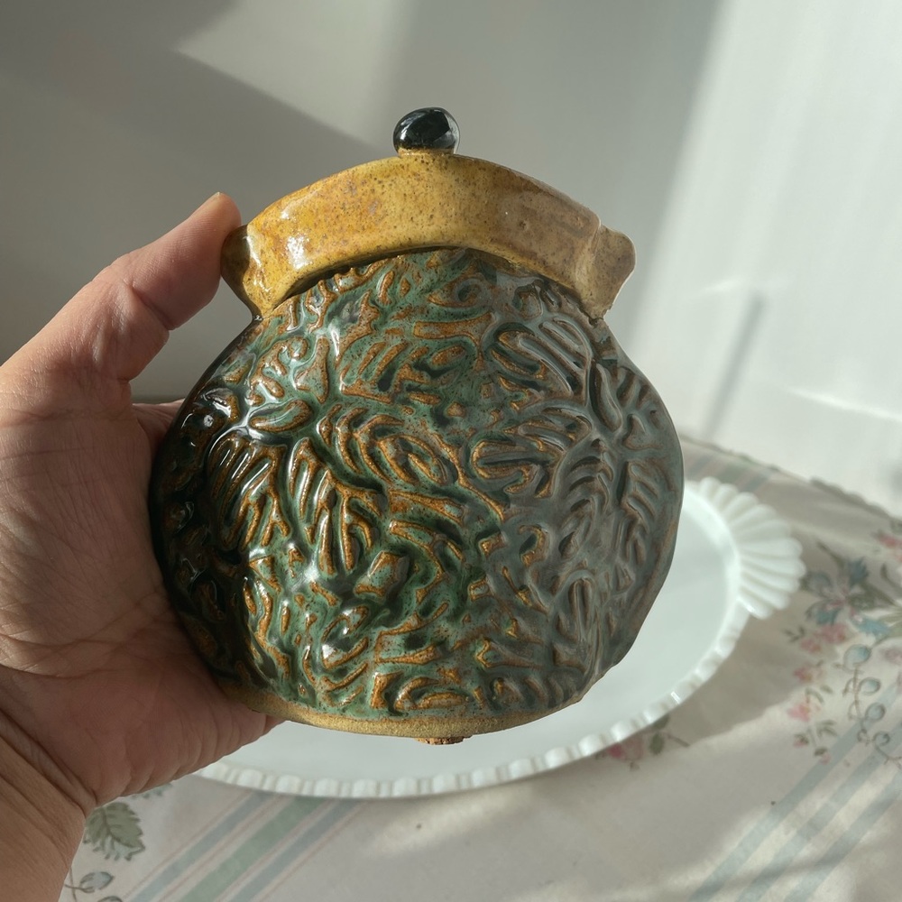 Handcrafted Stoneware Purse Vase with Green and Brown Glaze Signed by Artist - Picture 14 of 17